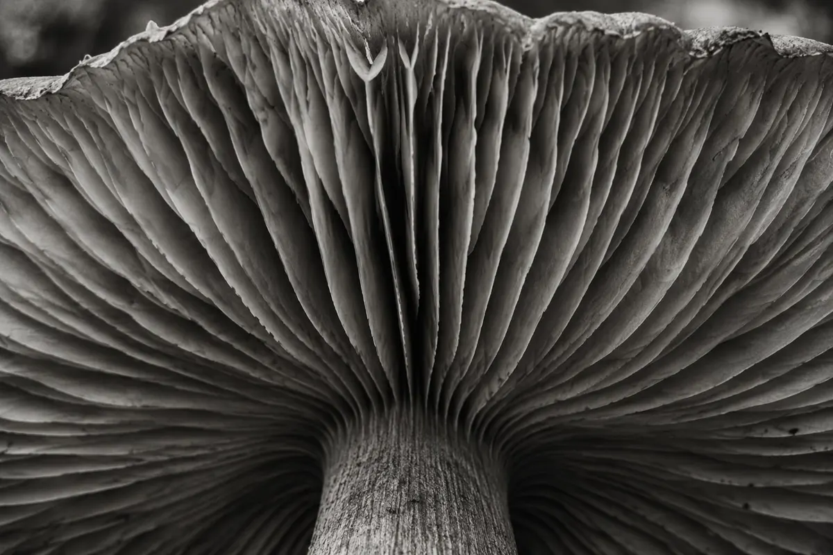 The gills under a mushroom cap, in black and white