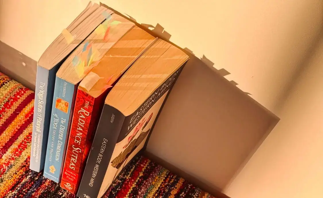The Yoga Sutras of Patanjali, The Radiance Sutras and other well-thumbed books standing on a woven rug in late sun.