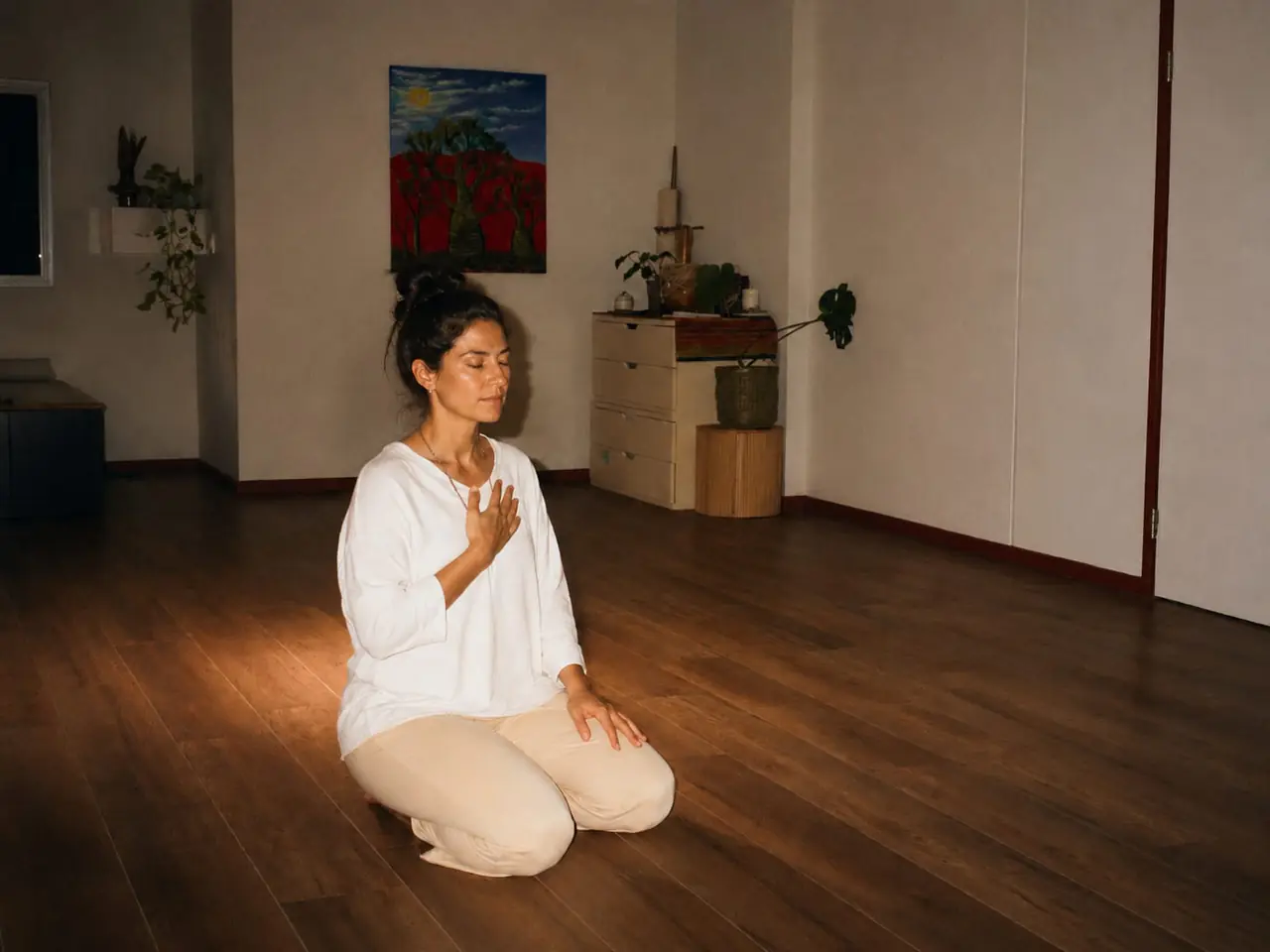 A woman kneeling on a timber floor, eyes closed, one hand resting on her heart.
