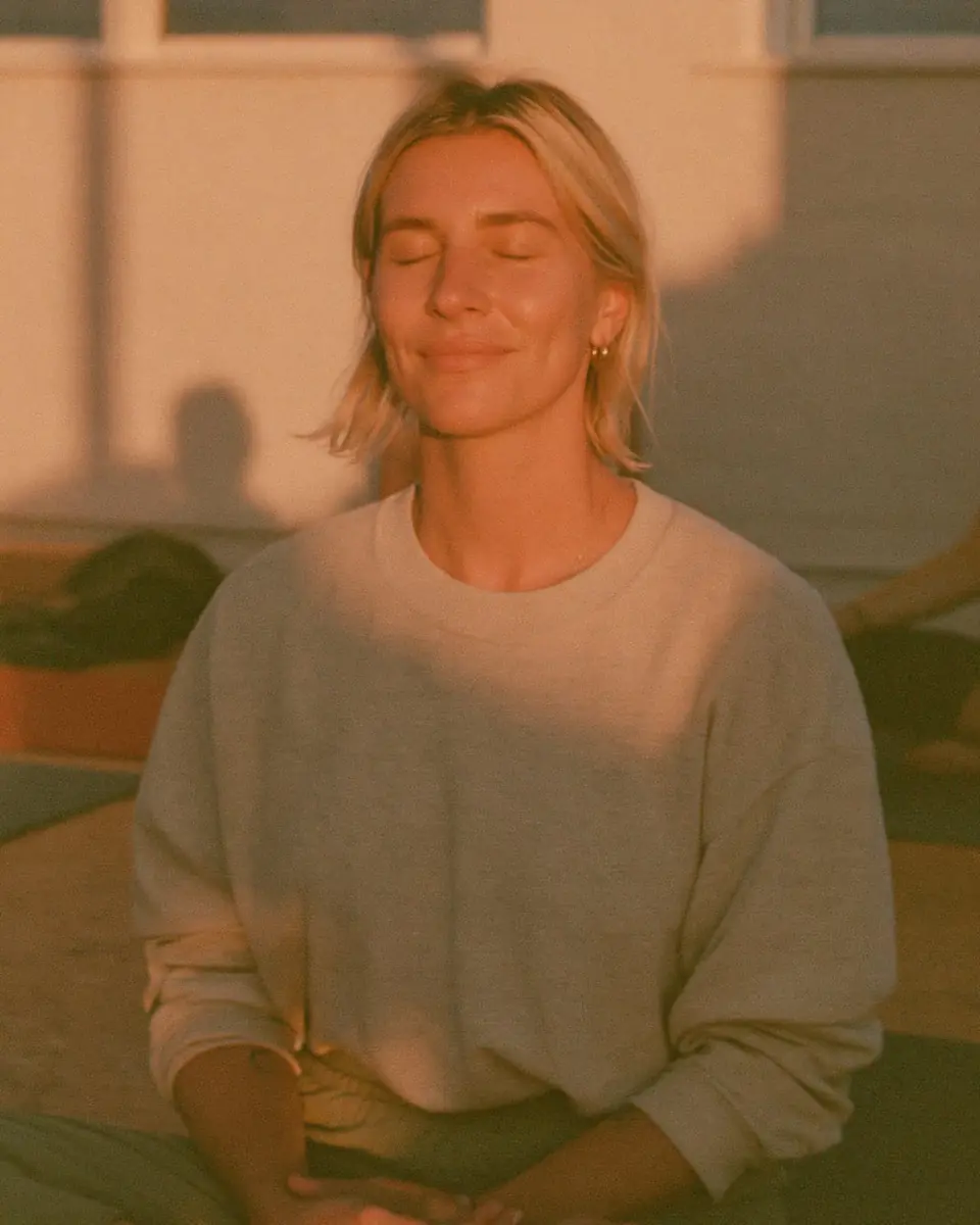 A woman seated in low gold sunlight, eyes closed, a small smile.